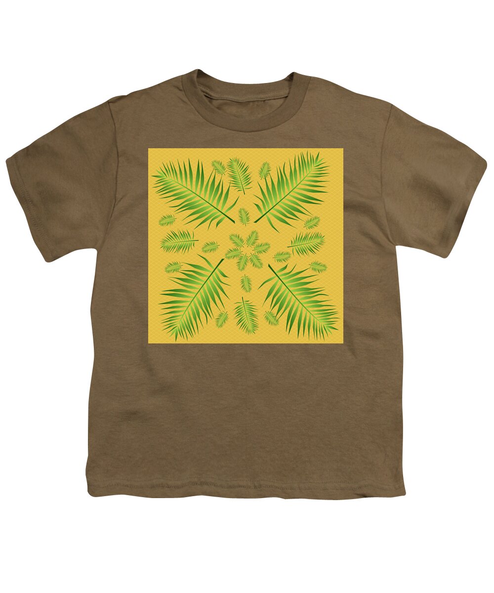 Palm Youth T-Shirt featuring the digital art Plethora of Palm Leaves 22 on a Yellow Diamond Background by Ali Baucom