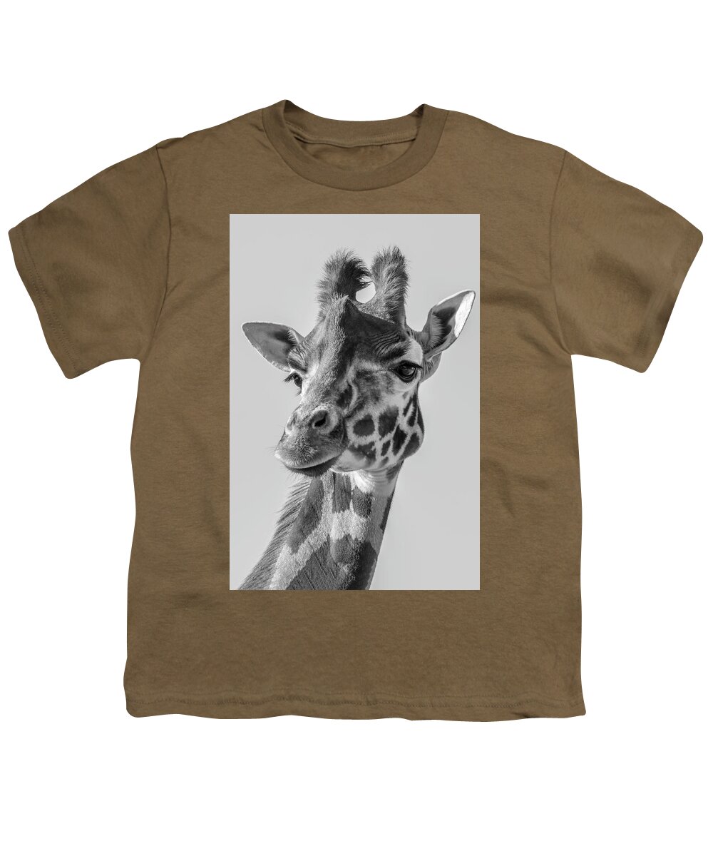 Giraffe Youth T-Shirt featuring the digital art Portrait Giraffe In Black White by Marjolein Van Middelkoop