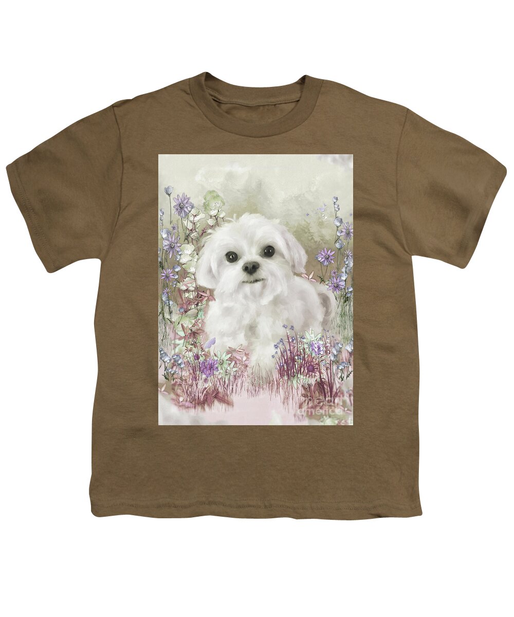 Dog Youth T-Shirt featuring the digital art Puppy In The Garden In Pinks by Lois Bryan