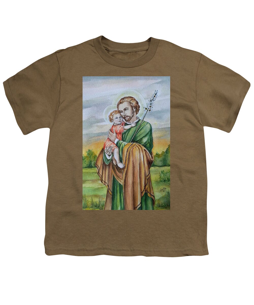 Saint Joseph Youth T-Shirt featuring the painting Saint Joseph and Child by Carolina Prieto Moreno