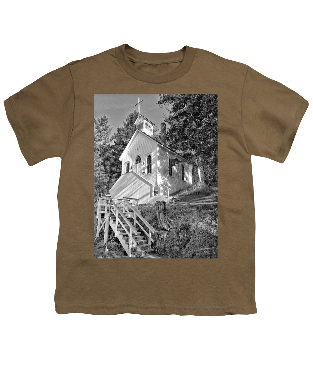 Church Youth T-Shirt featuring the photograph San Juan Island Chapel bw by Jerry Abbott