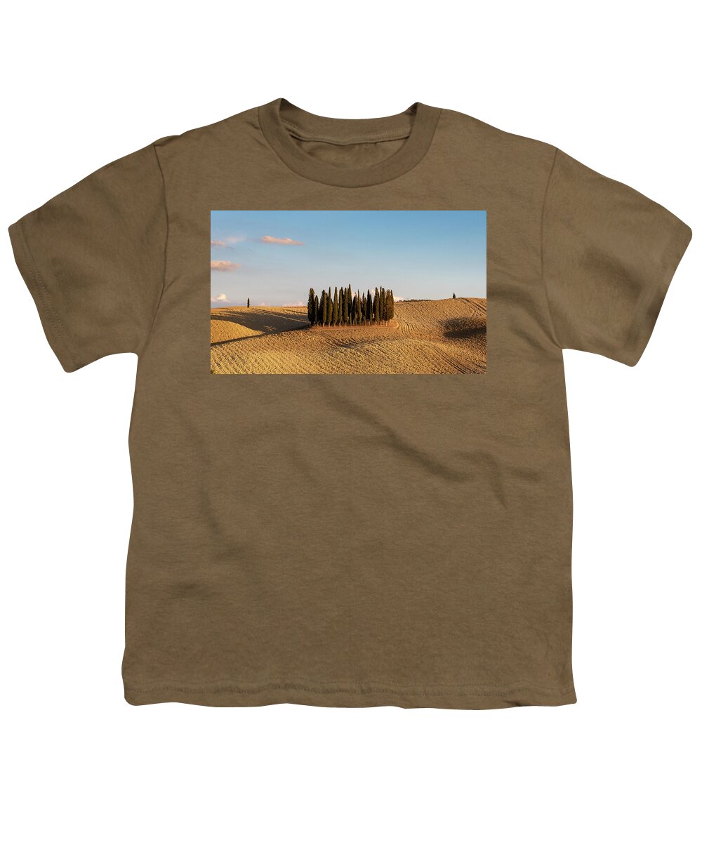 Orcia Youth T-Shirt featuring the photograph San Quirico famous group of cypress trees in Tuscany, by Eleni Kouri