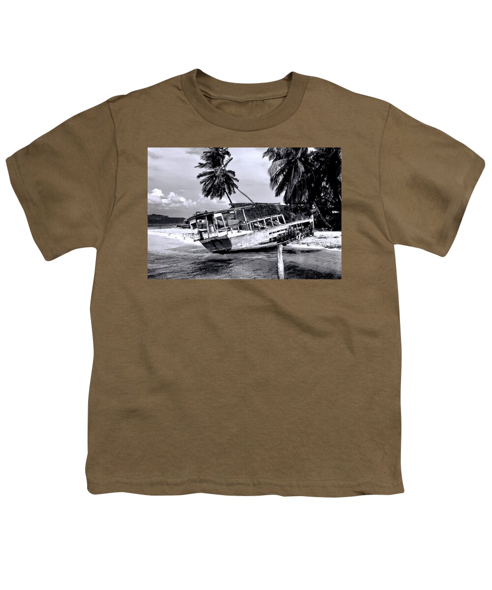 Abandoned Boat Youth T-Shirt featuring the photograph Shipwreck 2 BW by Cathy Anderson