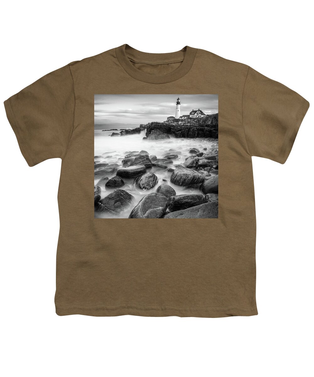 Waves Crashings Youth T-Shirt featuring the photograph Smooth Ocean Waters Over The Rocks Below Portland Head Lighthouse - Black and White by Gregory Ballos