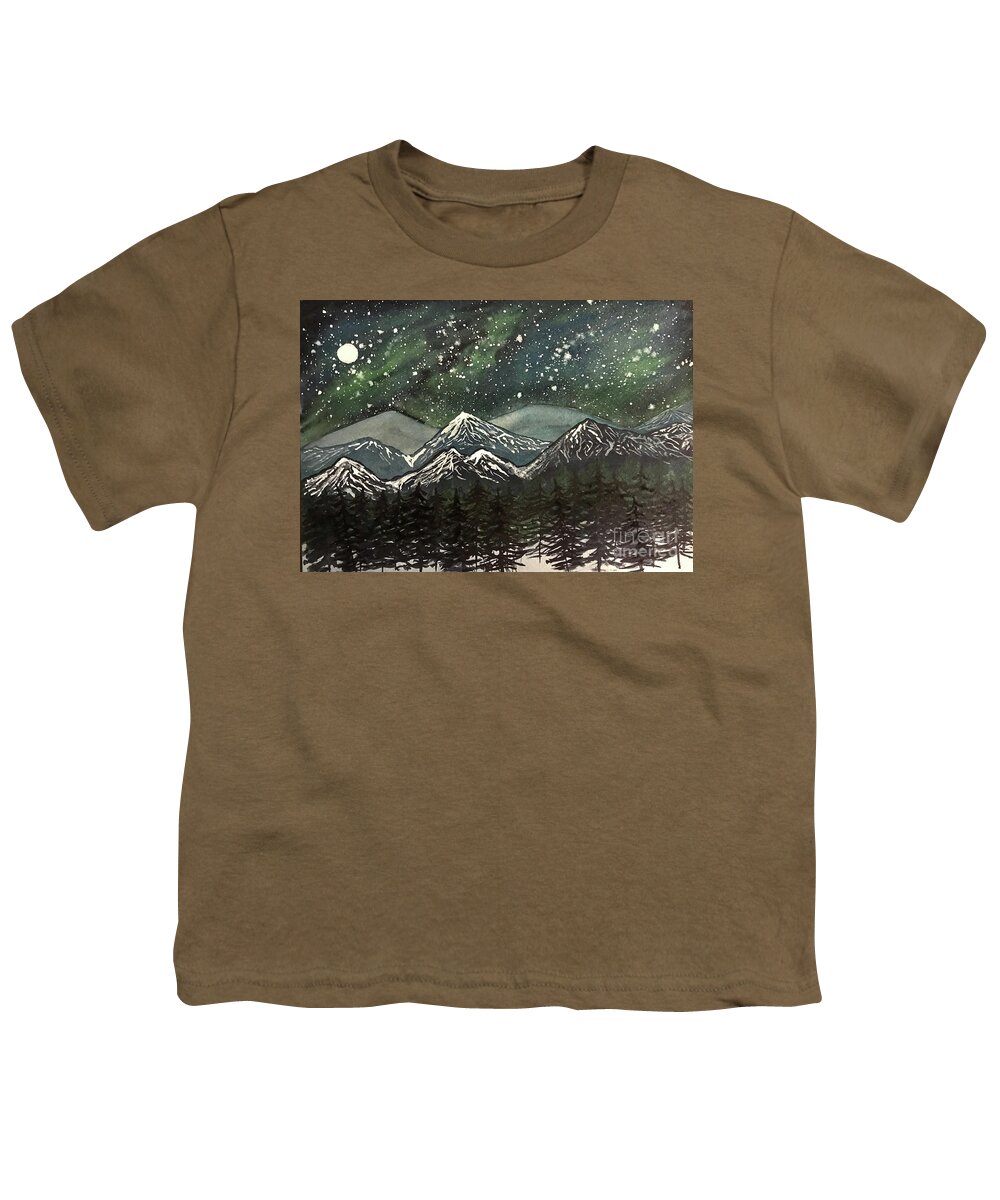 Snowy Mountains Youth T-Shirt featuring the painting Snowy Mountains with Aurora by Lisa Neuman