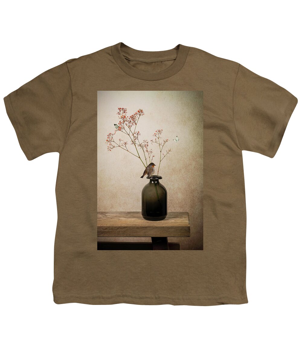 Robin Youth T-Shirt featuring the digital art Still life vase with gypsophila and Robin by Marjolein Van Middelkoop