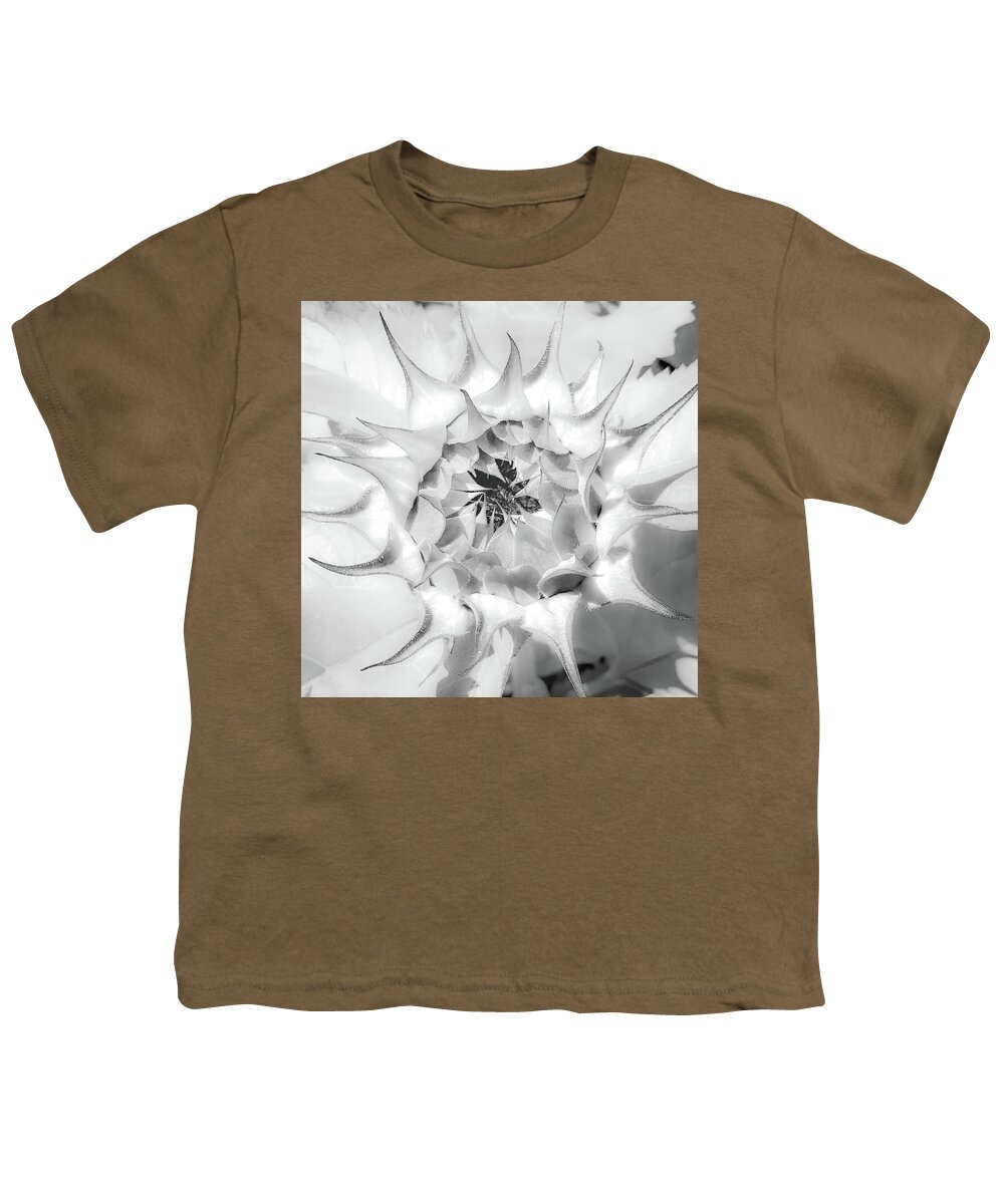Sunflower Blossom Youth T-Shirt featuring the photograph Sunflower Blossom Black and White Abstract by Rebecca Herranen