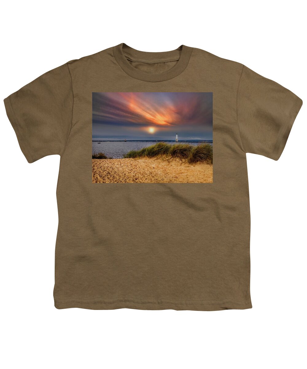 Northernmichigan Youth T-Shirt featuring the photograph Sunset at Betsie Harbor Entrance IMG_3653 by Michael Thomas