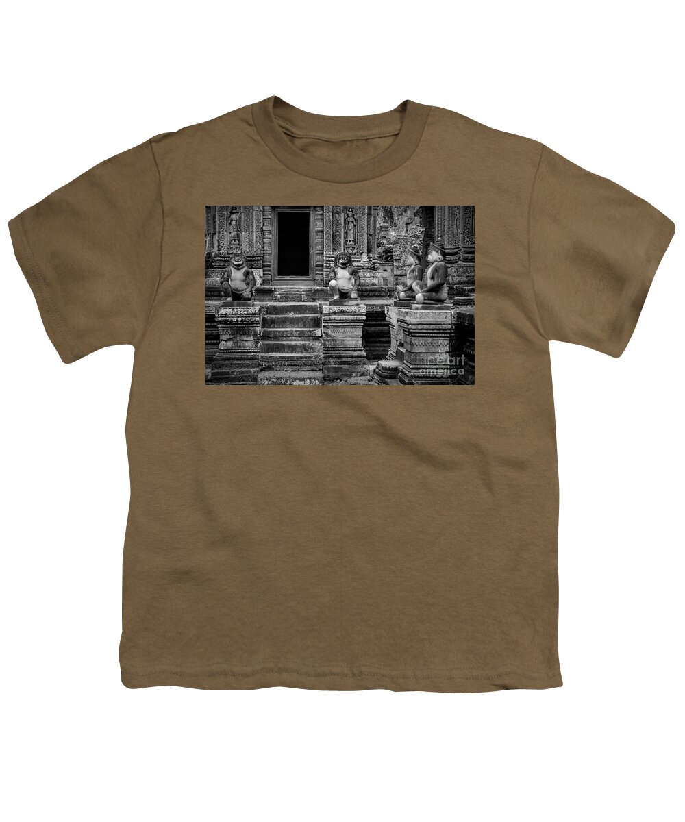 Cambodia Youth T-Shirt featuring the photograph Temple of Cambodia Black White by Chuck Kuhn