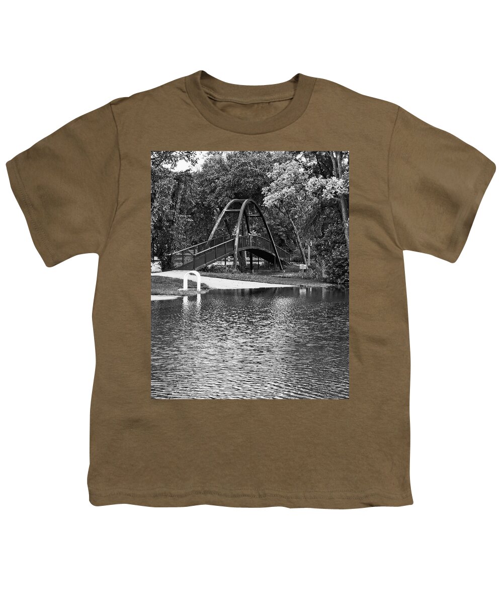 Flooding Youth T-Shirt featuring the photograph Tenney Park Bridge, Madison, WIsconsin BW by Steven Ralser