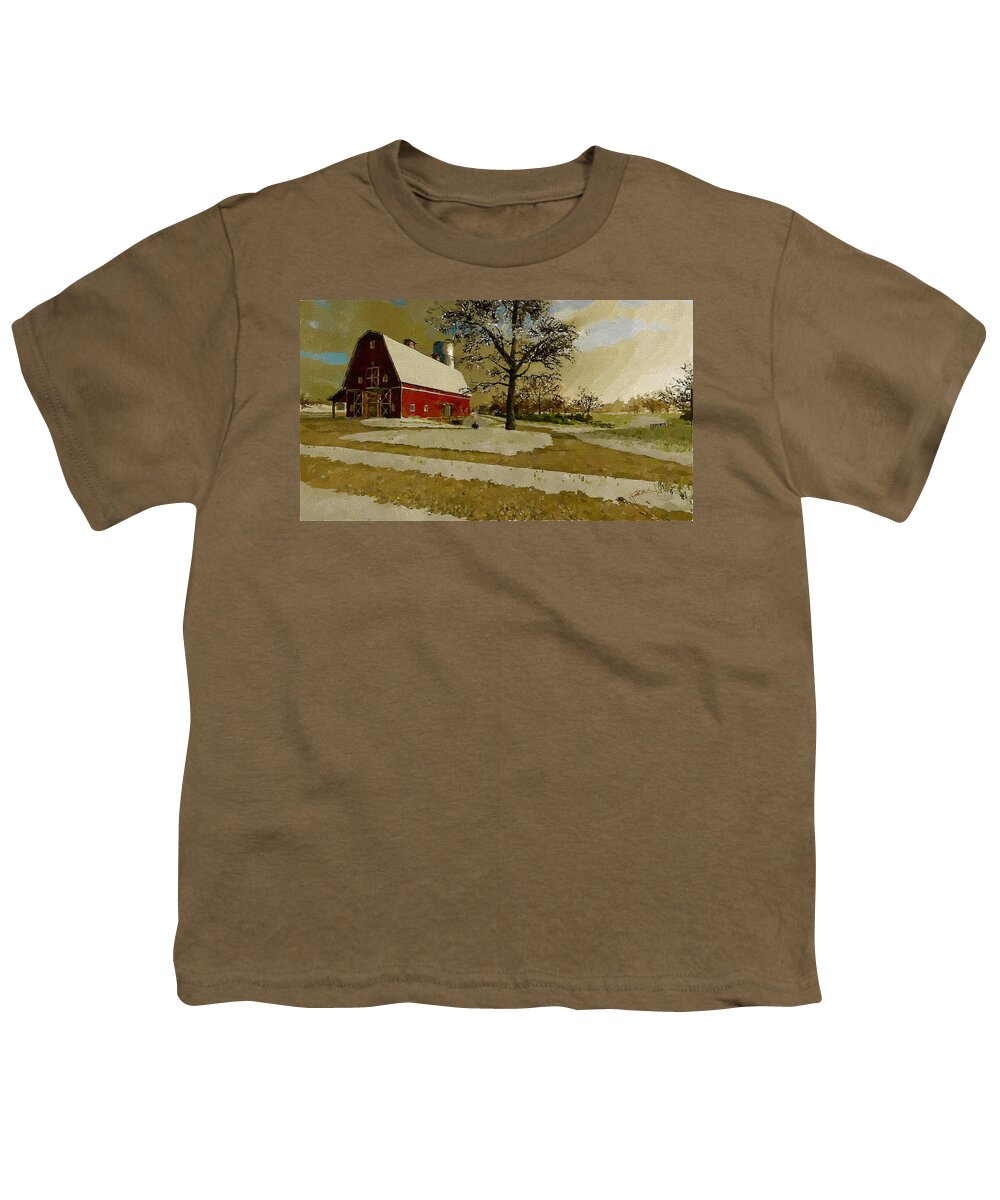 Winter Youth T-Shirt featuring the painting The Red Barn by Charlie Roman