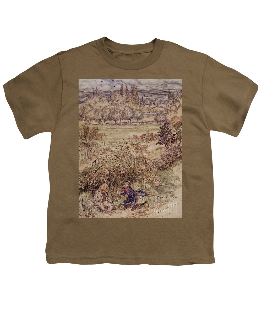 Stoat Youth T-Shirt featuring the painting The wayfarer saluted with a gesture of courtesy that had something foreign about it by Arthur Rackham