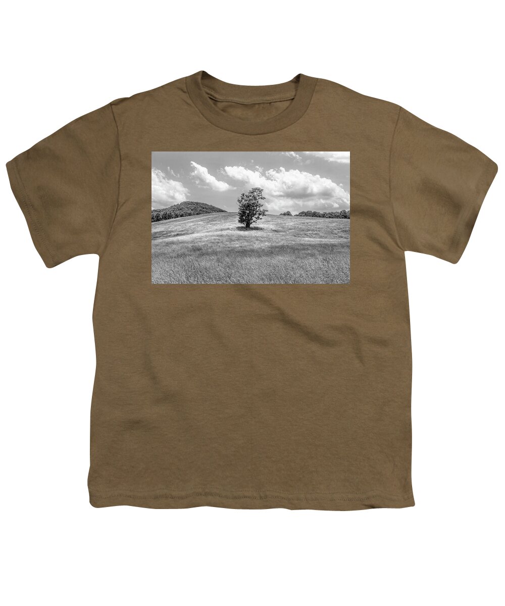 Carolina Youth T-Shirt featuring the photograph Tree in the Middle Alone Black and White by Debra and Dave Vanderlaan