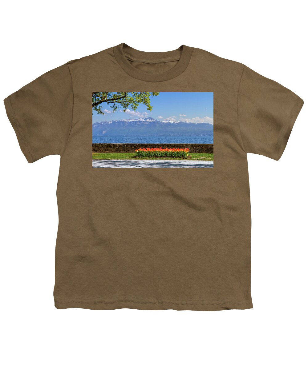 Lake Youth T-Shirt featuring the photograph Tulip festival in spring by day, Morges, Switzerland by Elenarts - Elena Duvernay photo