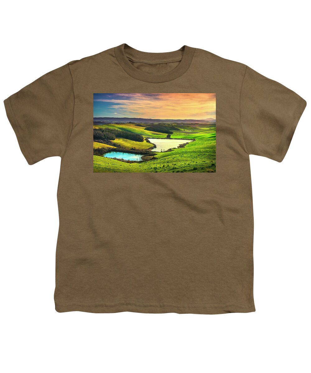 Tuscany Youth T-Shirt featuring the photograph Tuscany, small lakes and rural landscape on sunset, Siena Italy. by Stefano Orazzini