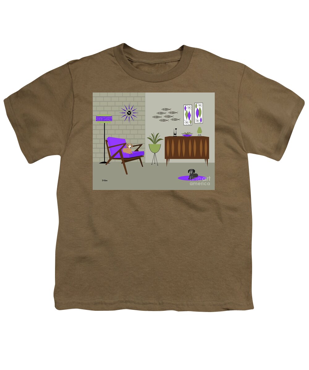 Mid Century Modern Dachshunds Youth T-Shirt featuring the digital art Two Mid Century Dachshunds in Purple Room by Donna Mibus