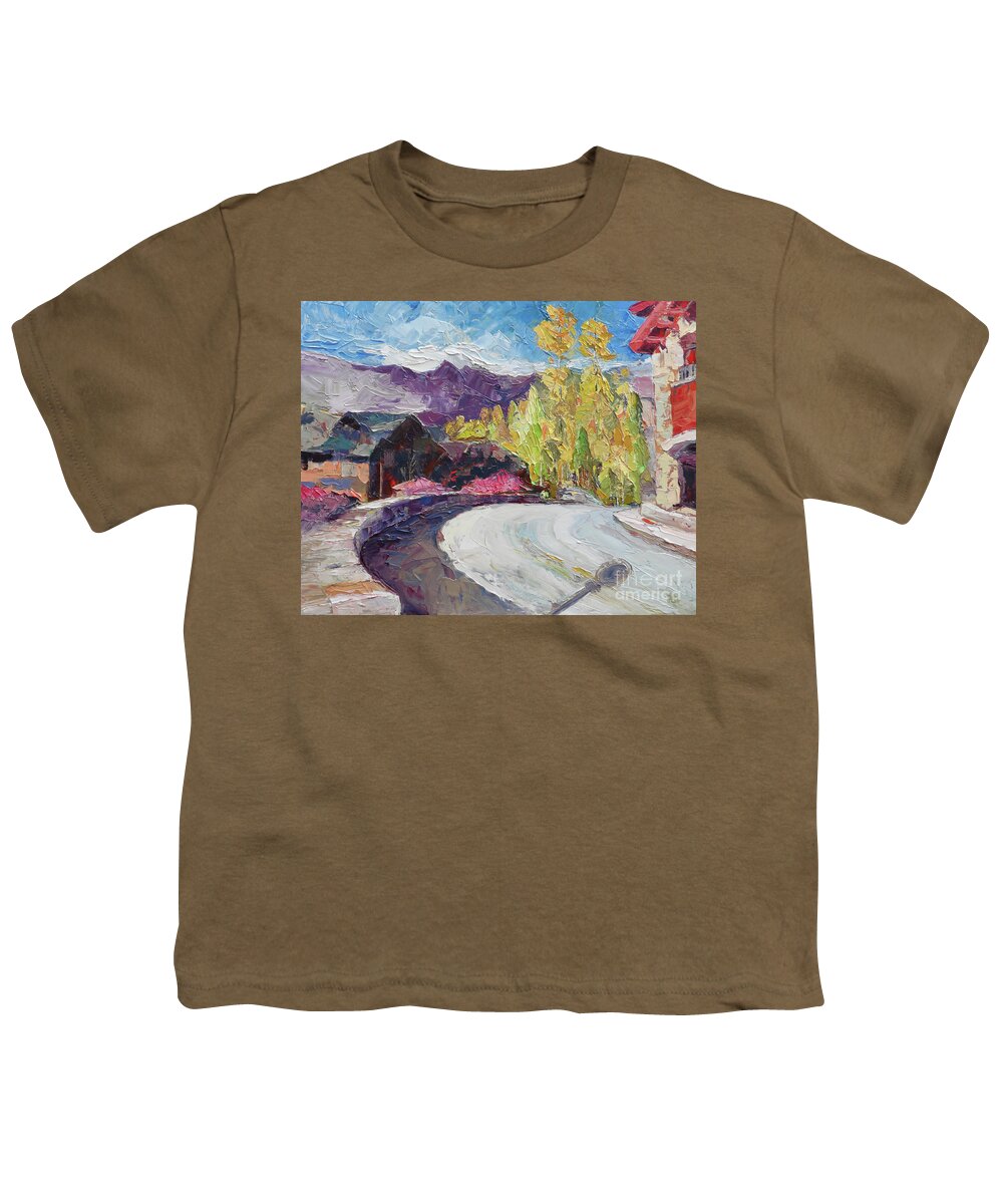 Telluride Village Youth T-Shirt featuring the painting Village Bridge, 2018 by PJ Kirk