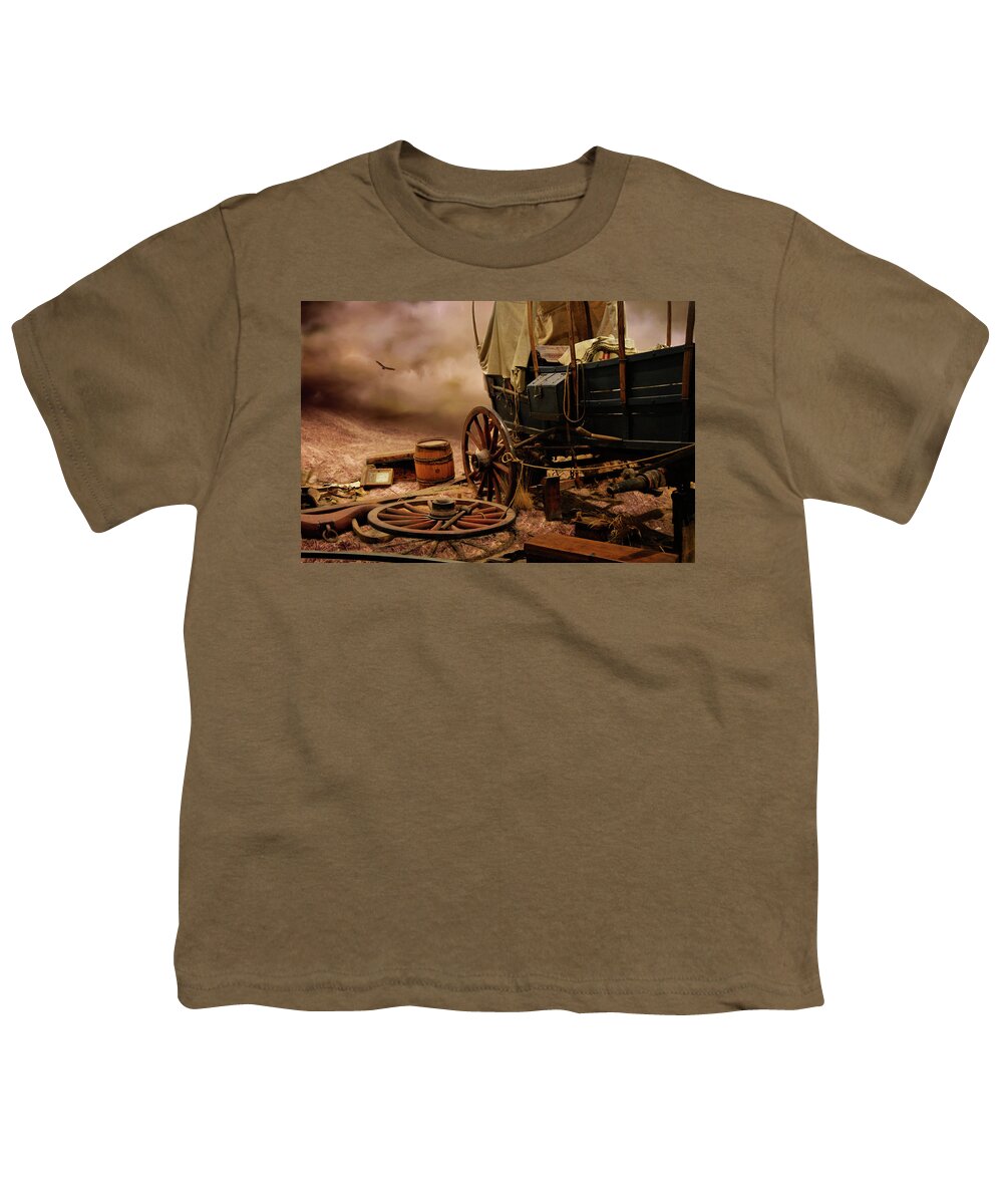 Covered Wagon Youth T-Shirt featuring the mixed media Wagon Wheel by Kathy Kelly