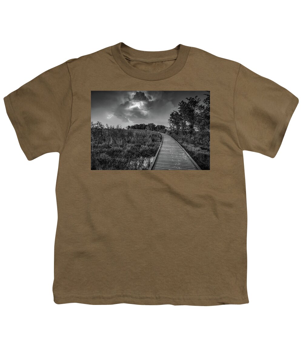Osage Park Youth T-Shirt featuring the photograph Walkway Into The Storm - Black And White Edition by Gregory Ballos