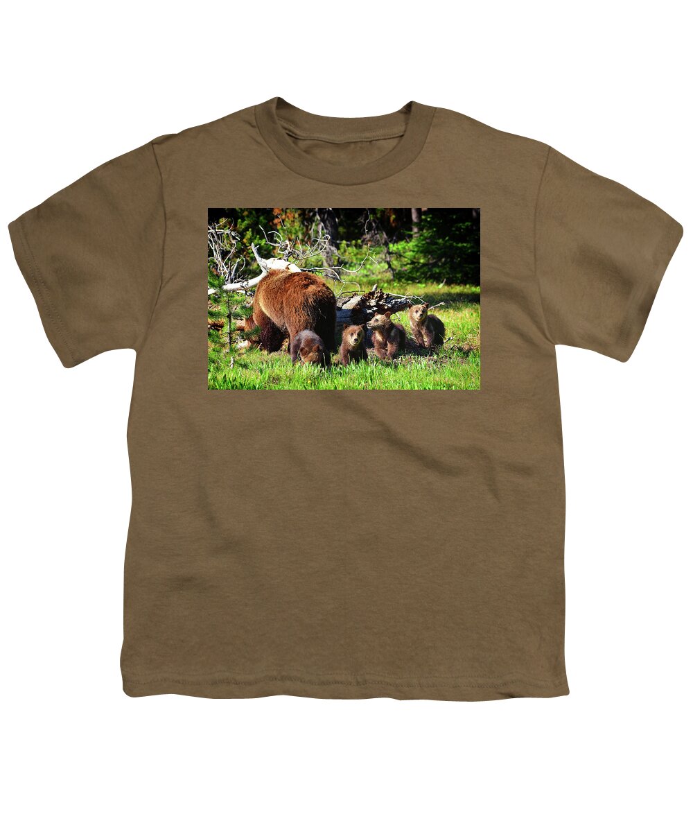 Grizzly Bear Youth T-Shirt featuring the photograph We Got Your Back Mom by Greg Norrell
