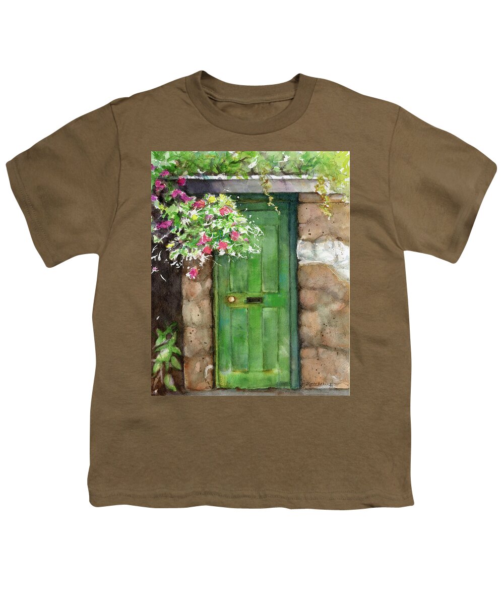 Painting Weathered Door Youth T-Shirt featuring the painting Weathered door and flowers by Rebecca Matthews