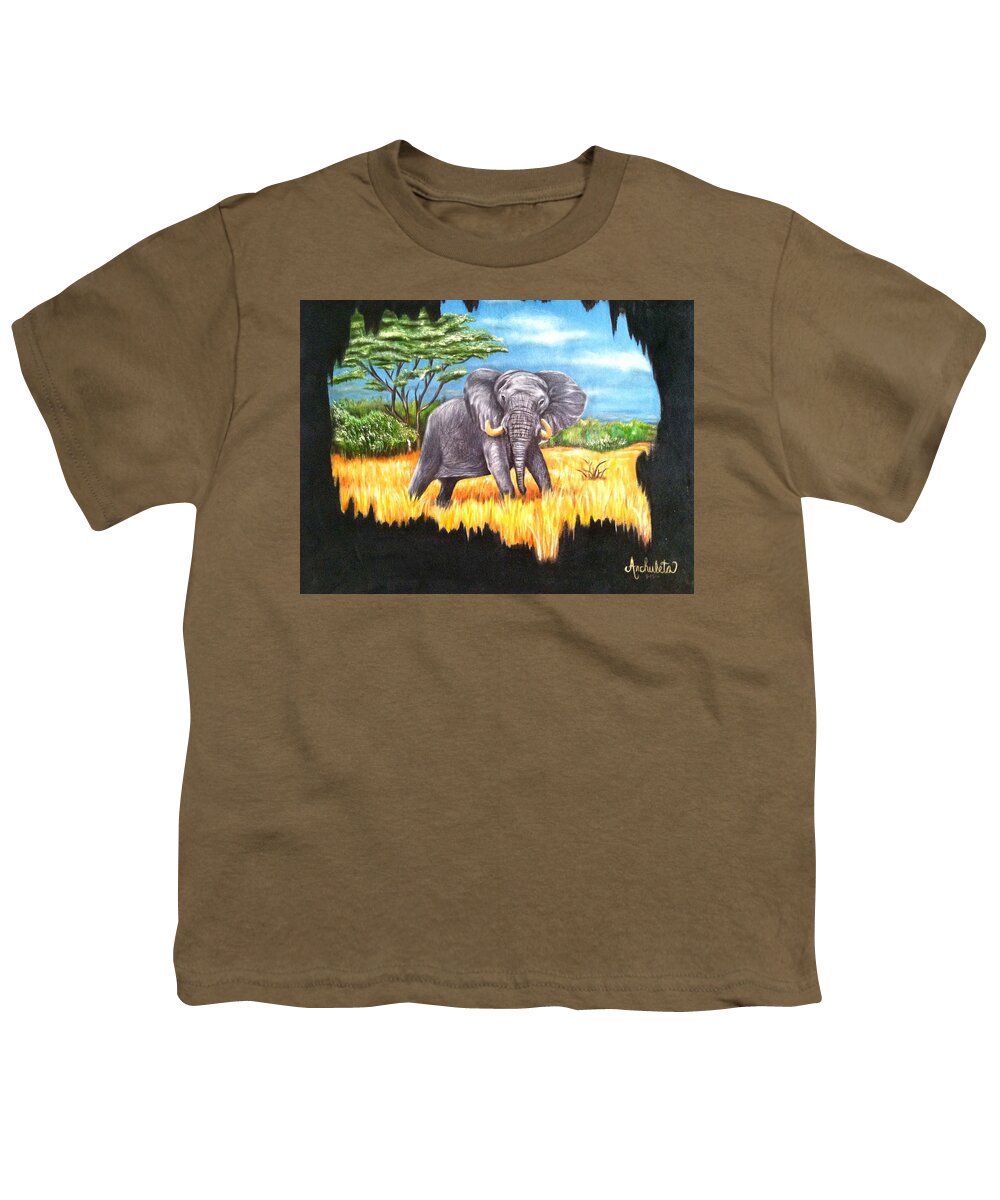 Elephant In It's Habitat Being Watched From A Distance Youth T-Shirt featuring the painting Who's Watching Who? by Ruben Archuleta - Art Gallery