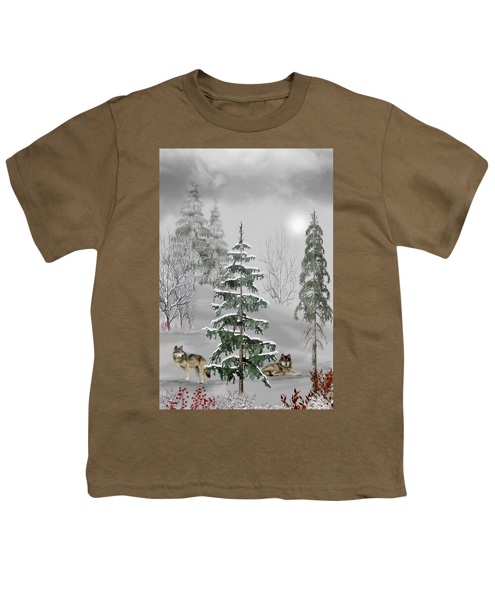 Wolf Youth T-Shirt featuring the mixed media Wolves In The Winter Forest Color by David Dehner