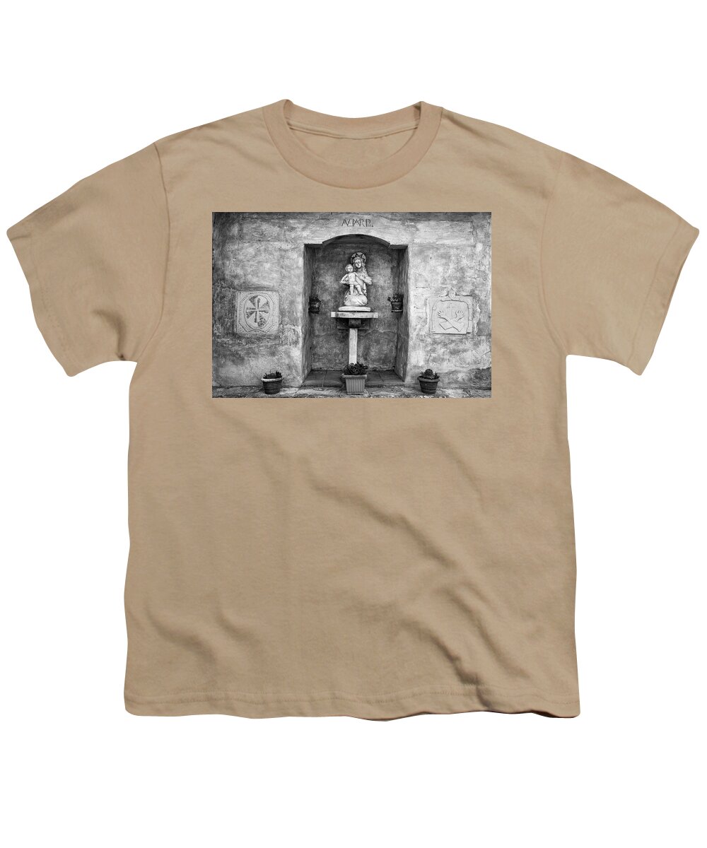 Carmel Mission Youth T-Shirt featuring the photograph Madonna And Child Shrine At Carmel Mission #1 by Priya Ghose