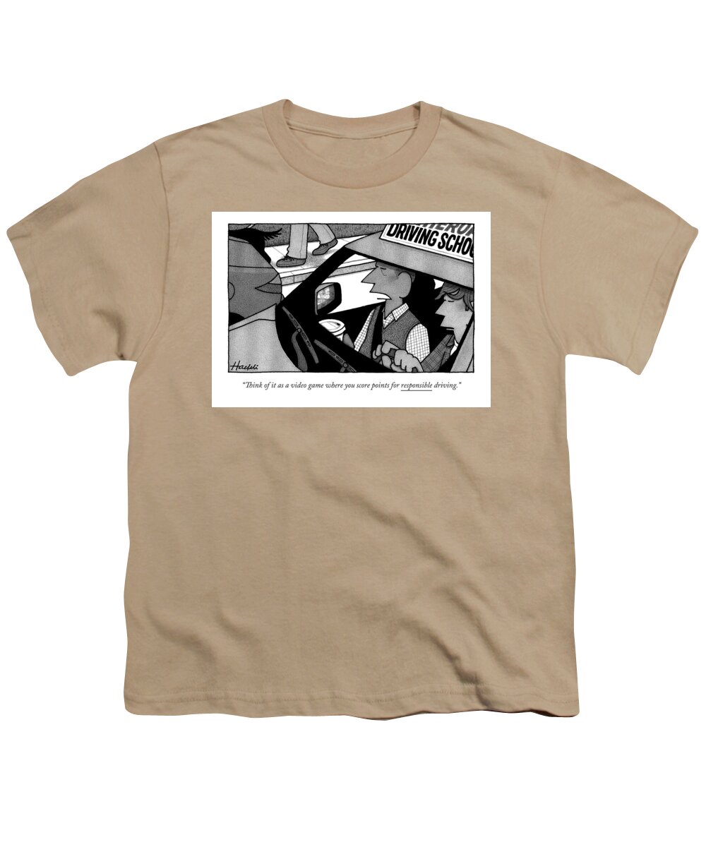 Video Game Youth T-Shirt featuring the drawing A Driver's Ed Teacher Speaks To His Student by William Haefeli