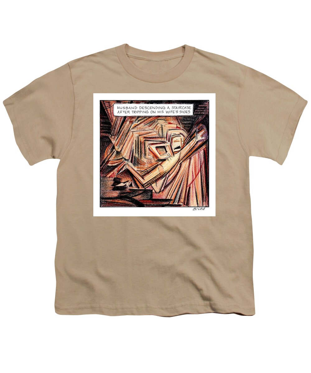 Husband Descending A Staircase After Tripping On His Wife's Shoes Youth T-Shirt featuring the drawing A Husband Trips Down Some Stairs In A Parody by Harry Bliss