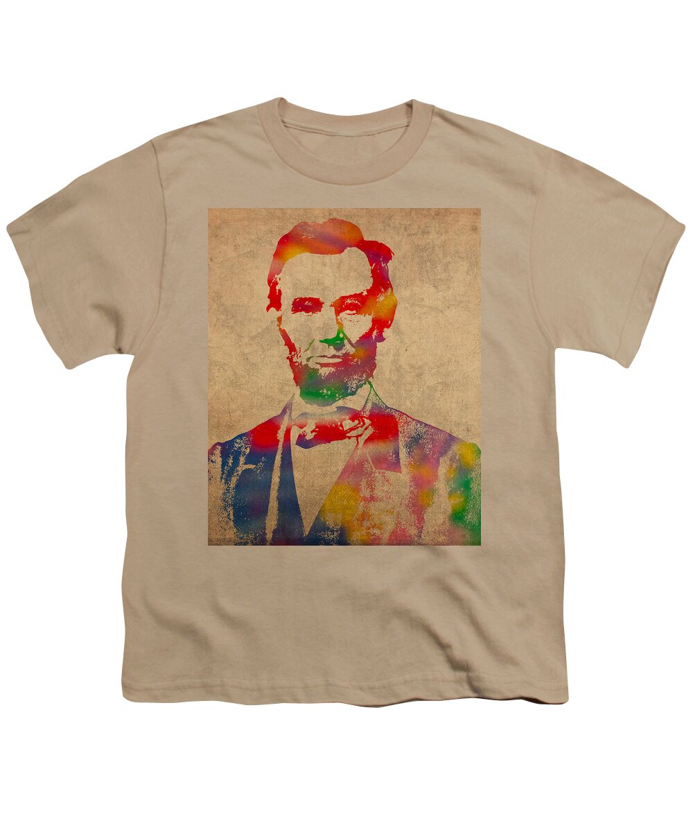 Abraham Lincoln President Watercolor Portrait On Worn Distressed Canvas Youth T-Shirt featuring the mixed media Abraham Lincoln Watercolor Portrait on Worn Distressed Canvas by Design Turnpike