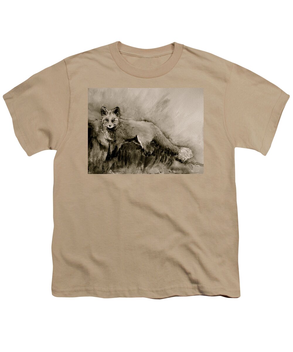 Fox Youth T-Shirt featuring the painting Assessing the Situation black and white by Beverley Harper Tinsley
