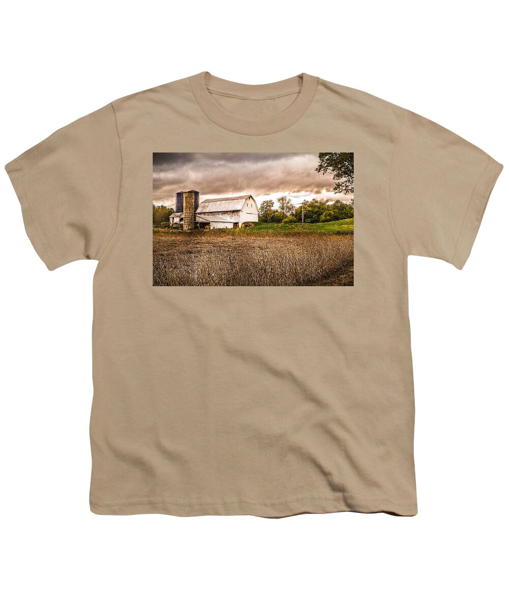 Barn Youth T-Shirt featuring the photograph Barn Silos Storm Clouds by Ron Pate