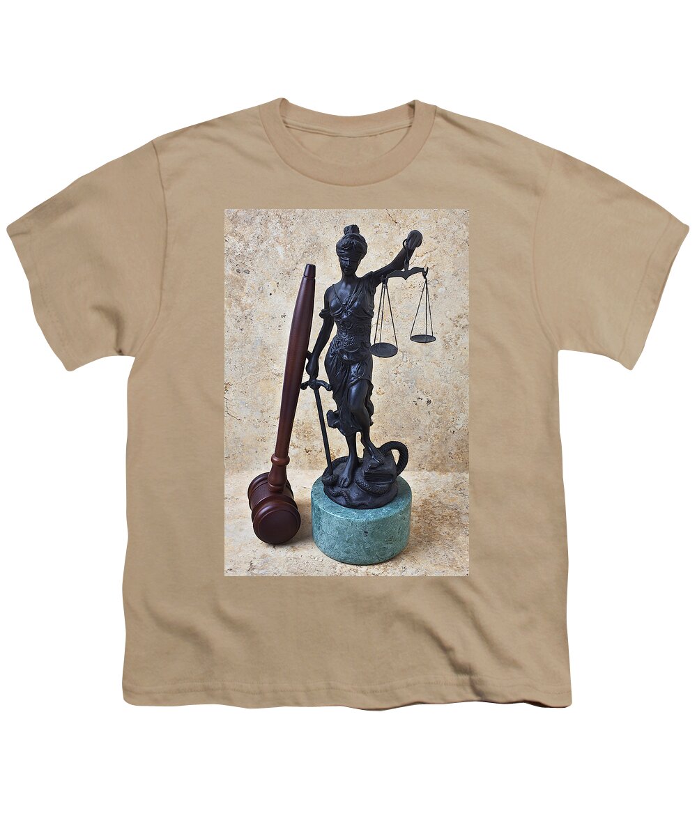 Blind Justice Statue Youth T-Shirt featuring the photograph Blind justice statue with gavel by Garry Gay