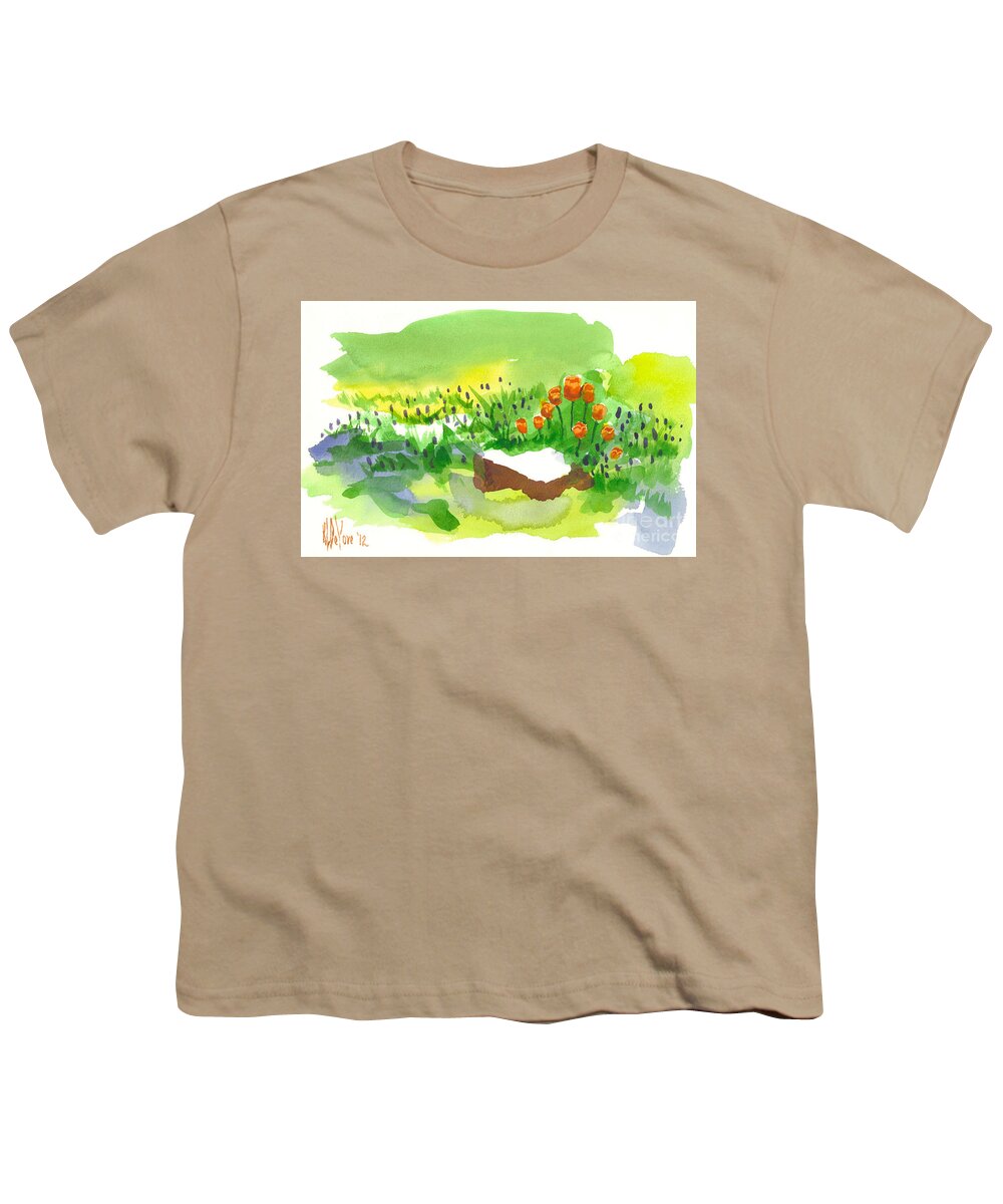 Blue Grape Hyacinths With Red Tulips And Tree Stump. Red Youth T-Shirt featuring the painting Blue Grape Hyacinths with Red Tulips and Tree Stump by Kip DeVore