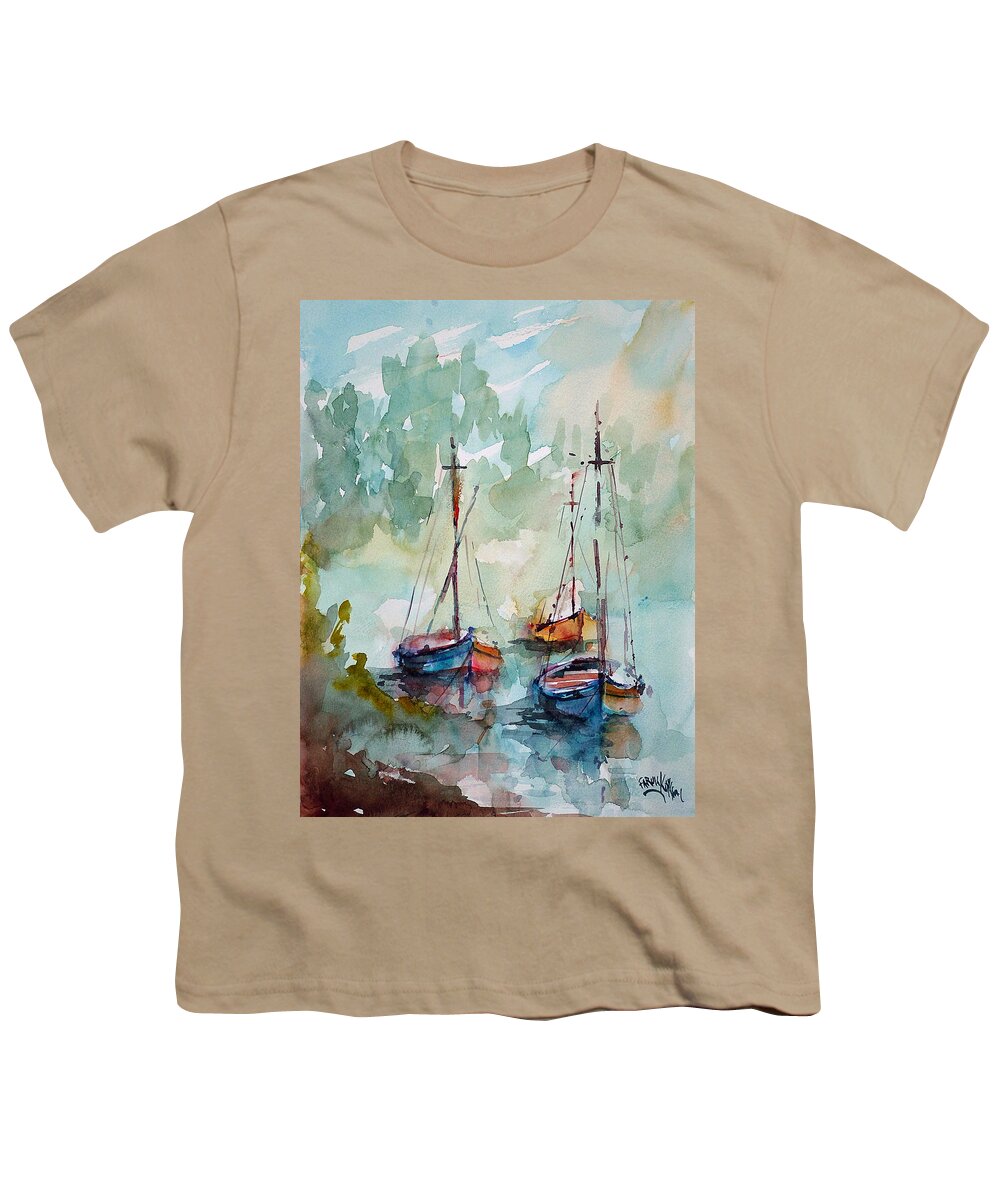 Boats Youth T-Shirt featuring the painting Boats on Lake by Faruk Koksal