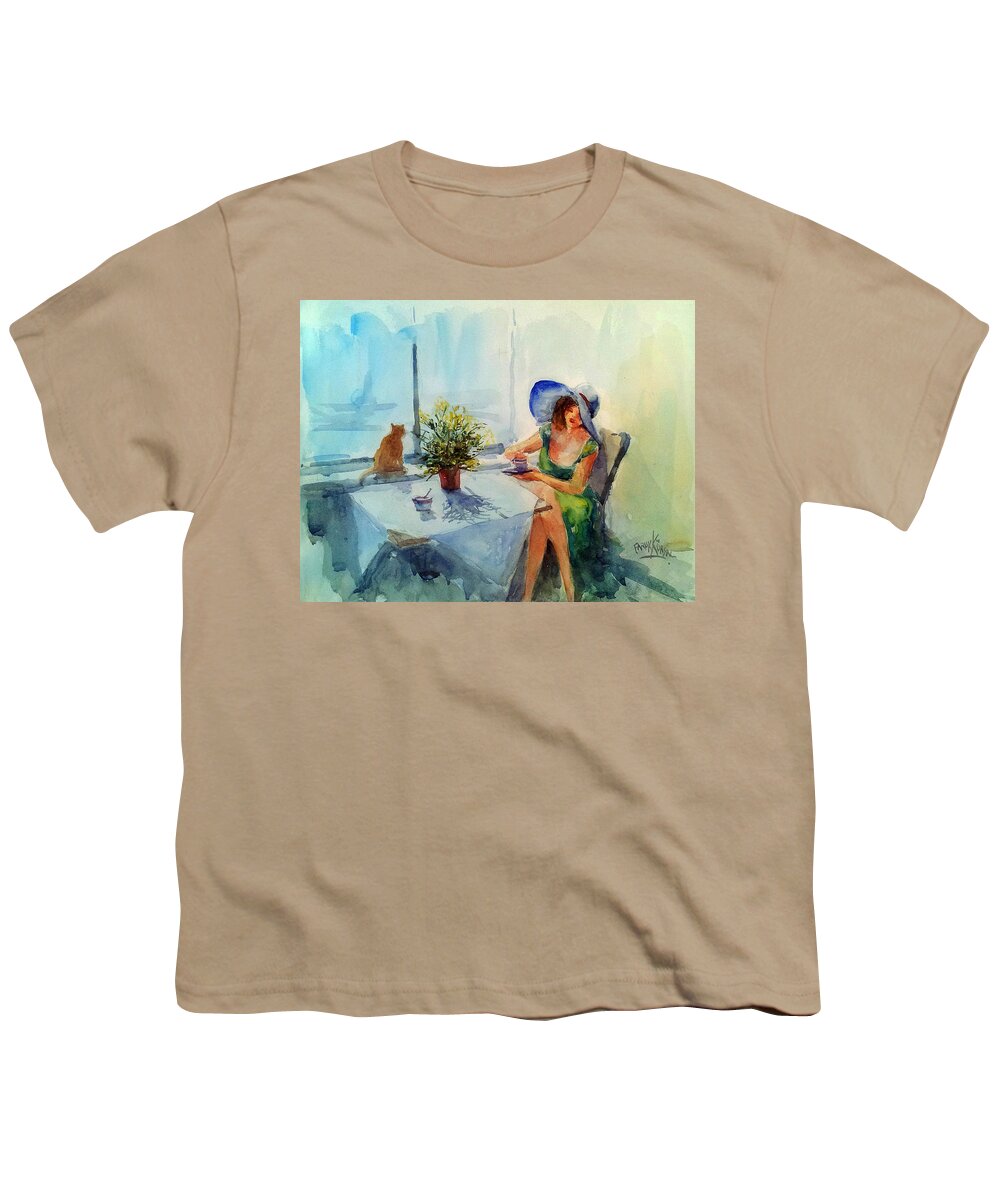 Woman Youth T-Shirt featuring the painting Coffee Time with Mimosas by Faruk Koksal