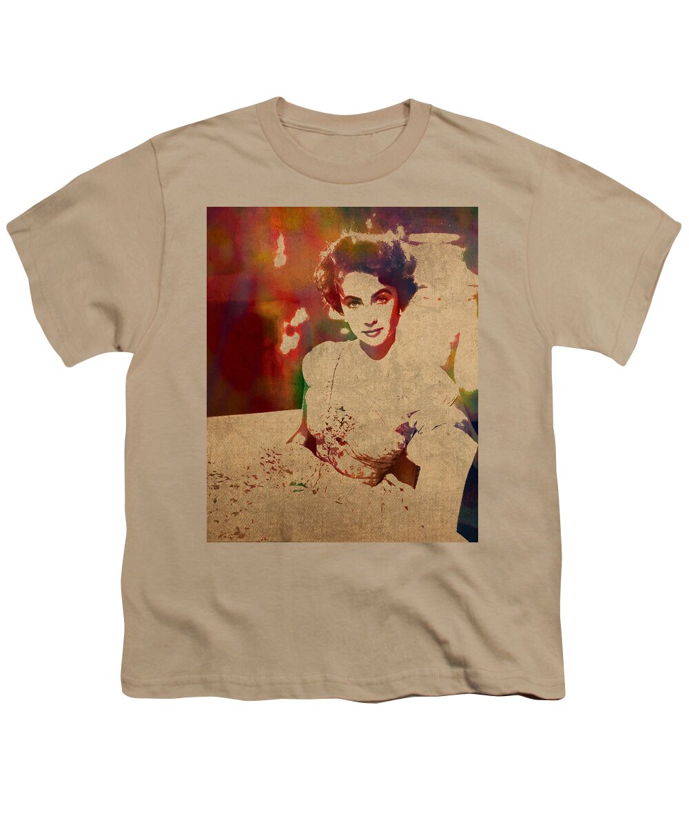 Elizabeth Taylor Youth T-Shirt featuring the mixed media Elizabeth Taylor Watercolor Portrait on Worn Distressed Canvas by Design Turnpike