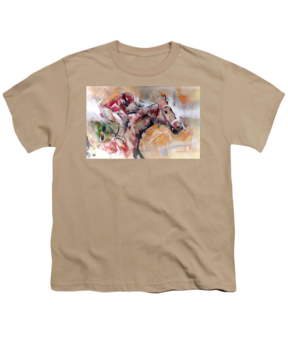 Horse Racing Youth T-Shirt featuring the painting Hold The Line Red by John Gholson