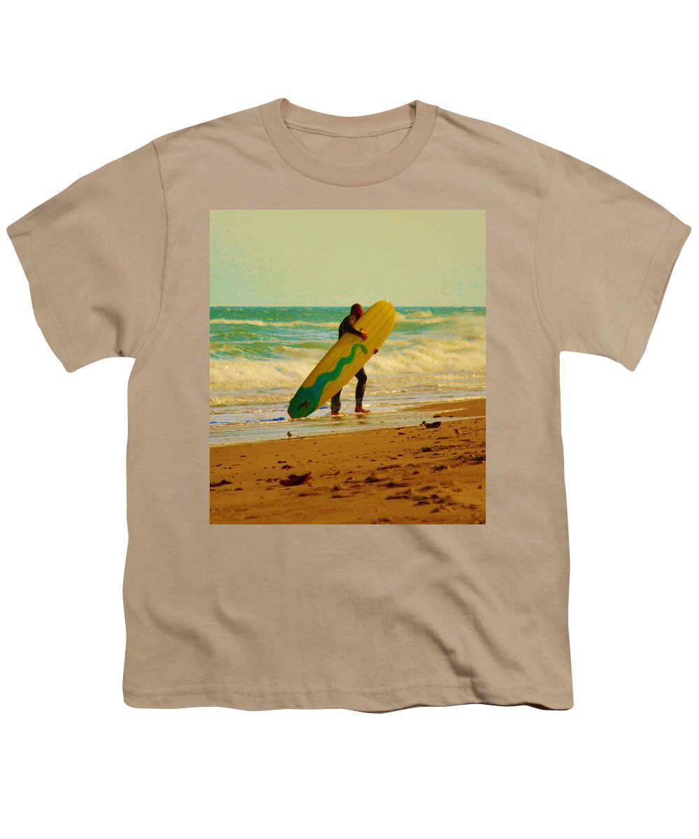 Assateague Island Youth T-Shirt featuring the photograph Hug Your Longboard - Surfing on Assateague Island National Seashore in Maryland. by Billy Beck