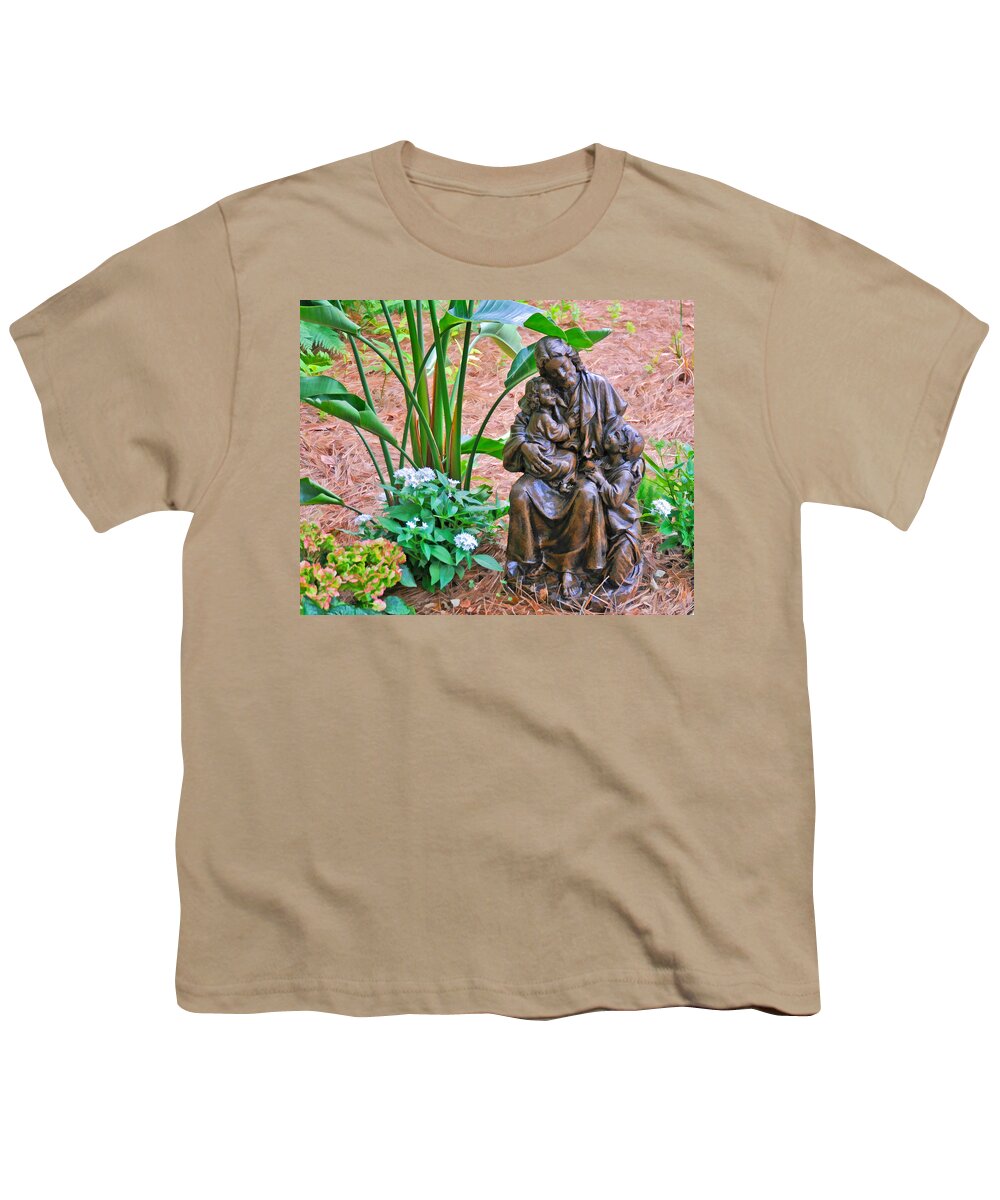 Jesus With Children Garden Sculpture Youth T-Shirt featuring the photograph Jesus with Child Garden Sculpture by Ginger Wakem