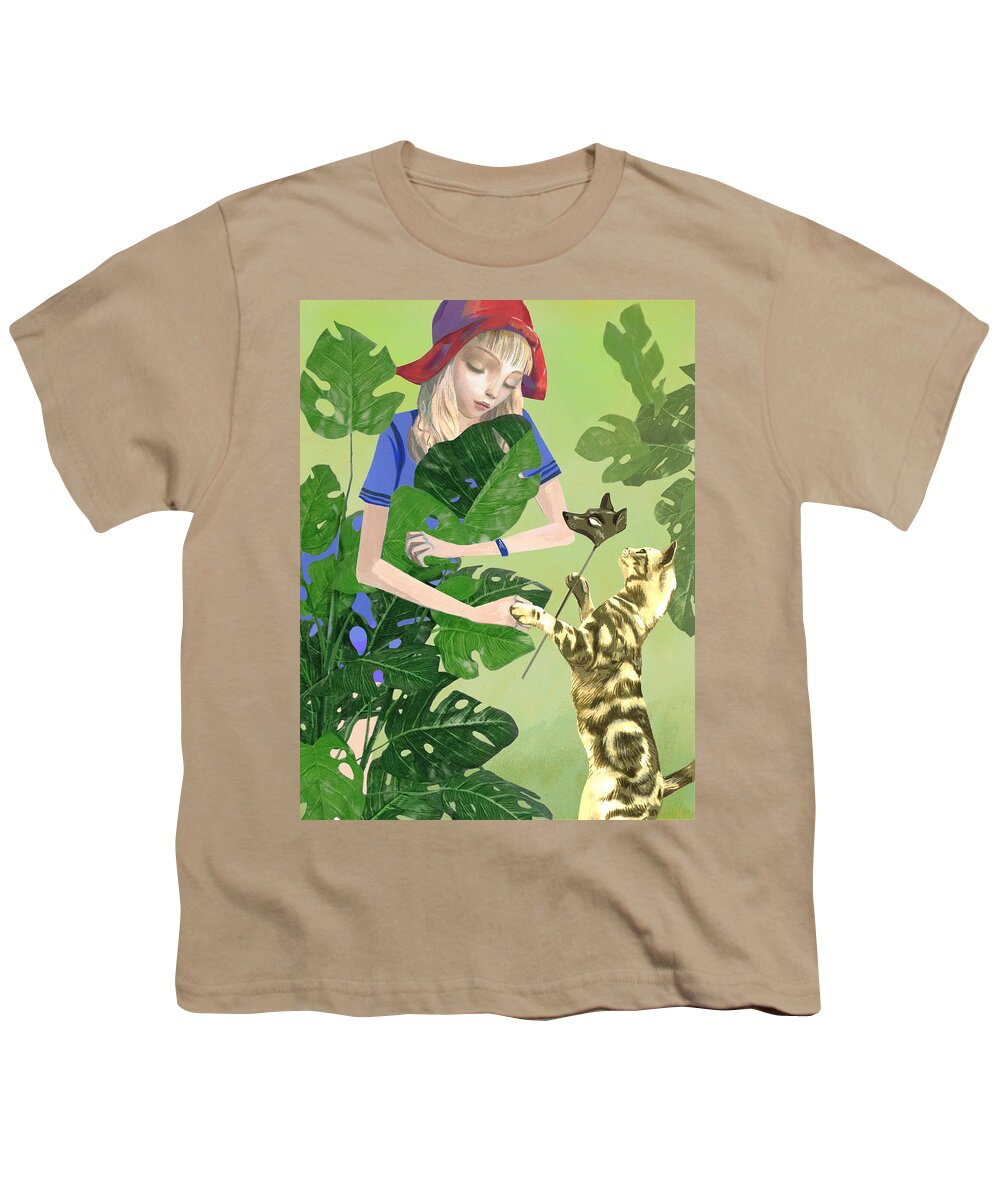 Landscape Youth T-Shirt featuring the painting Little Red Riding Hood and the big Wolf by Victoria Fomina