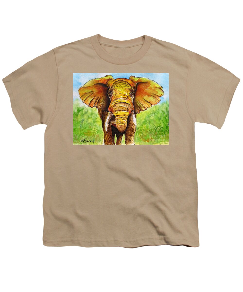 African Elephant Watercolor Youth T-Shirt featuring the painting Major Domo by Diane DeSavoy