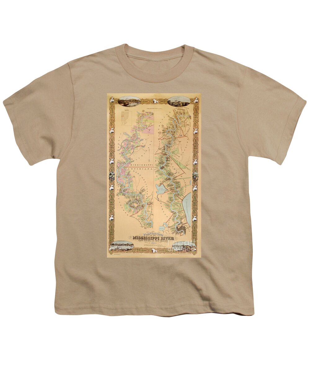 Map Depicting Plantations On The Mississippi River From Natchez To New Orleans Youth T-Shirt featuring the drawing Map depicting plantations on the Mississippi River from Natchez to New Orleans by American School