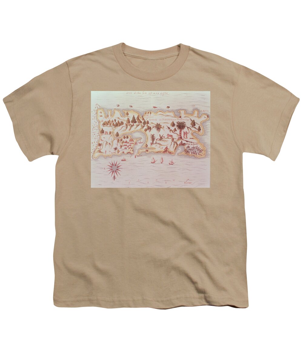 Puerto Rico Youth T-Shirt featuring the drawing Map of the island of Puerto Rico by Samuel de Champlain