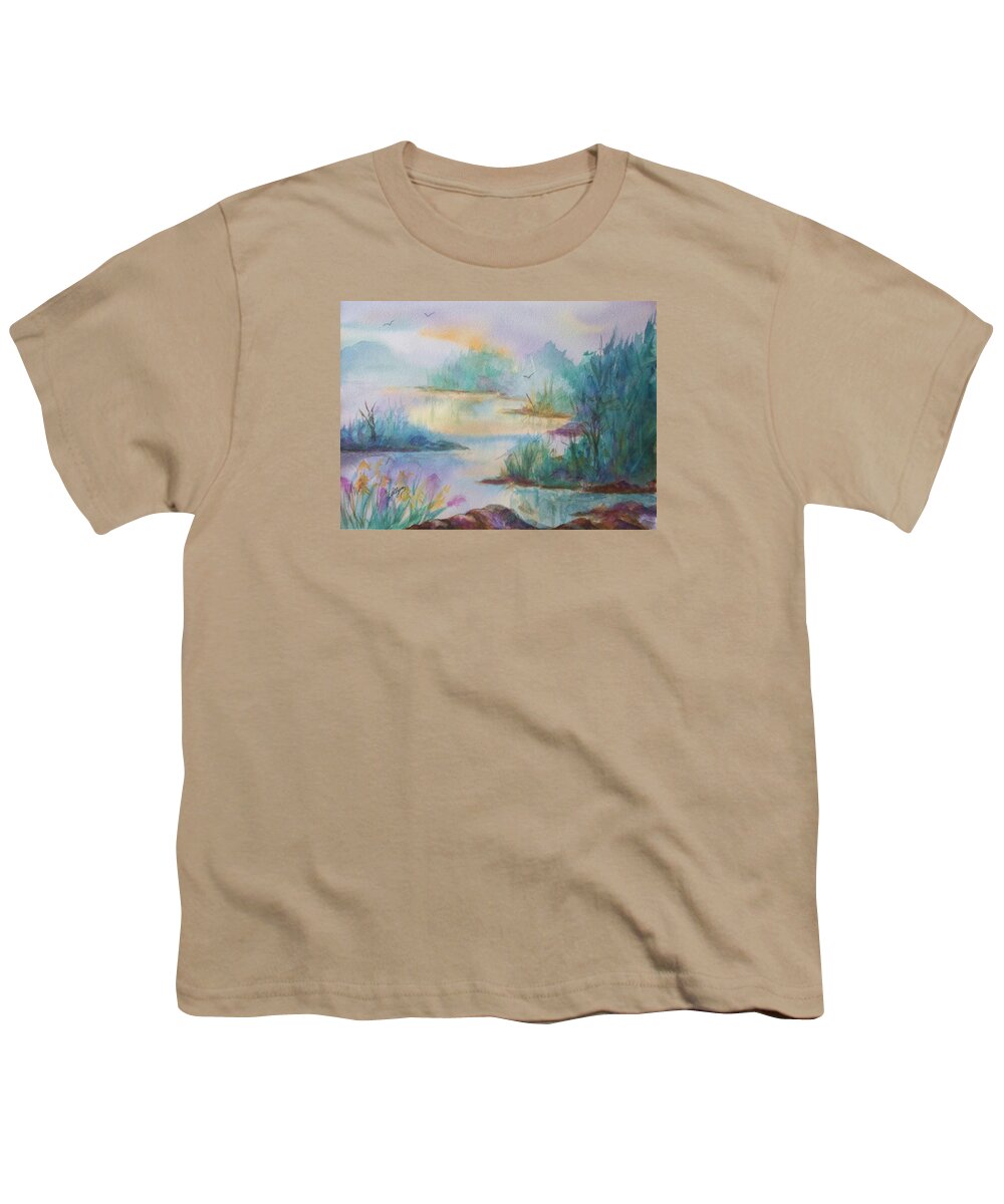 Misty Morn Youth T-Shirt featuring the painting Misty Morn On A Mountain Lake by Ellen Levinson
