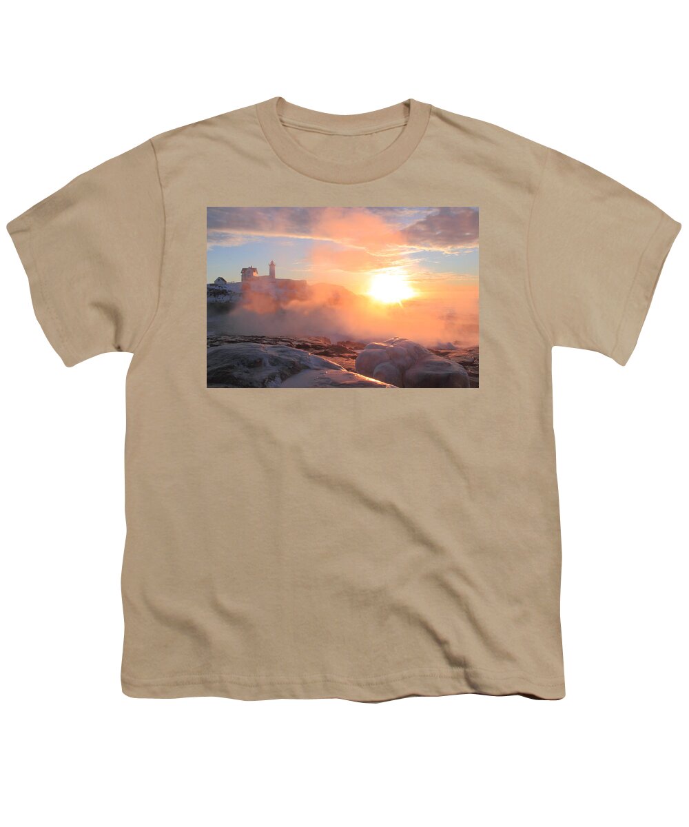 Sea Smoke Youth T-Shirt featuring the photograph Nubble Lighthouse Sea Smoke Sunrise Fog by John Burk
