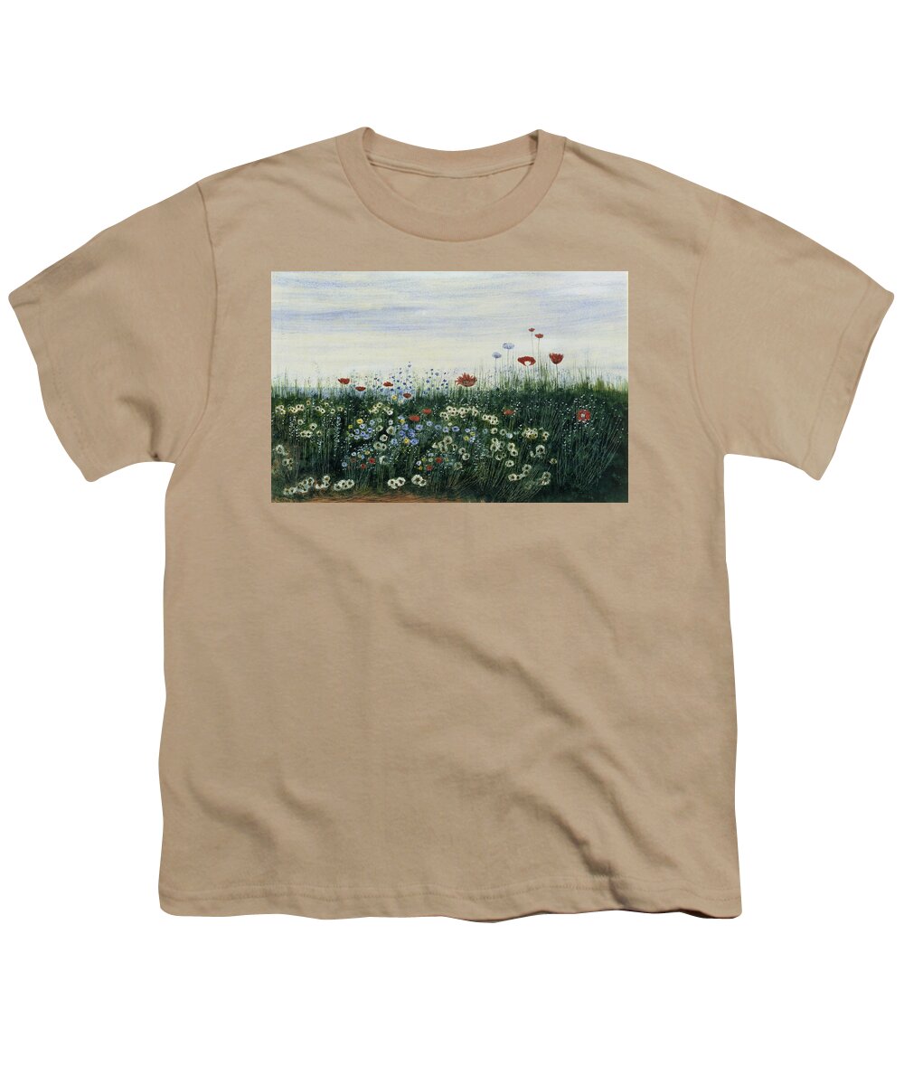 Coastal Youth T-Shirt featuring the painting Poppies, Daisies And Other Flowers by Andrew Nicholl