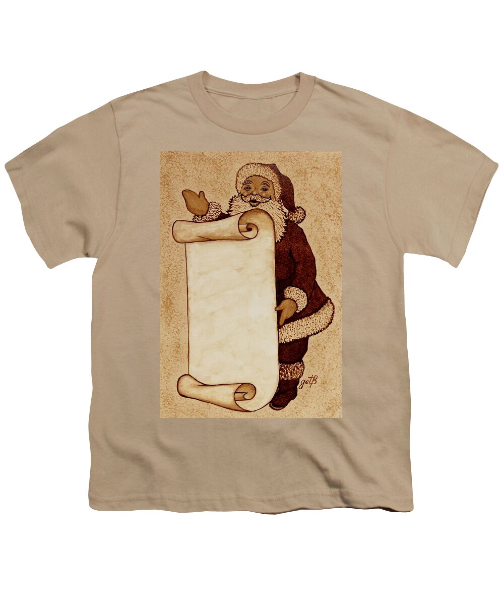 Santa Coffee Art Youth T-Shirt featuring the painting Santa Claus Wishlist original coffee painting by Georgeta Blanaru