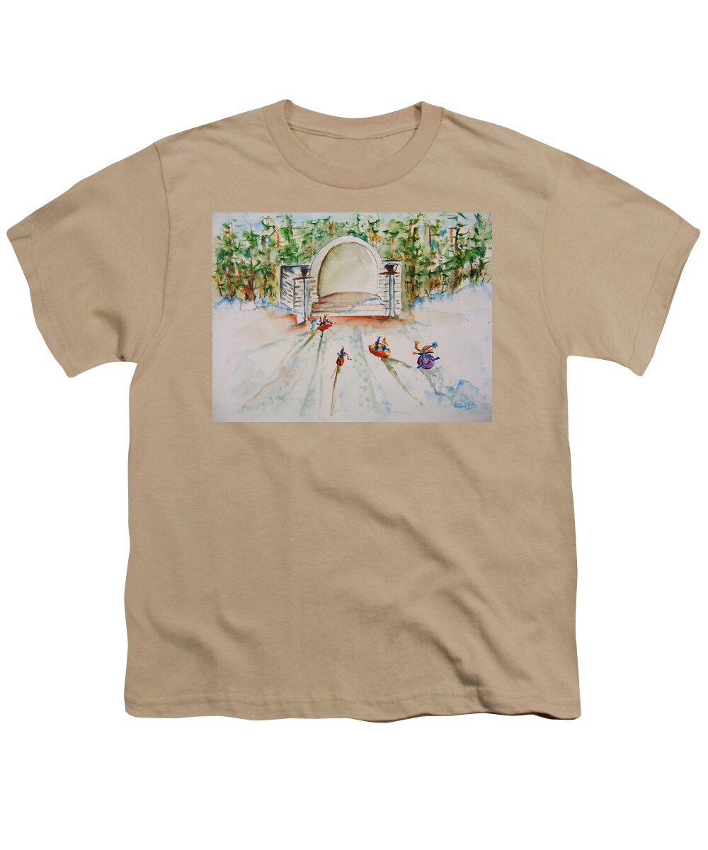 Devou Park Youth T-Shirt featuring the painting Sledding at Devou Park by Elaine Duras